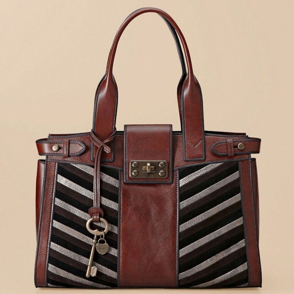Vintage FOSSIL Re-Issue Chevron Stripe Satchel Tote Bag Leather Suede Distressed